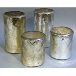 Two pairs of silvered glass vases of cylindrical form each moulded with criss cross decoration,