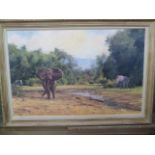 Elephants in a forest clearing with stream, oil on board, signed Hanna Mentyg to lower left