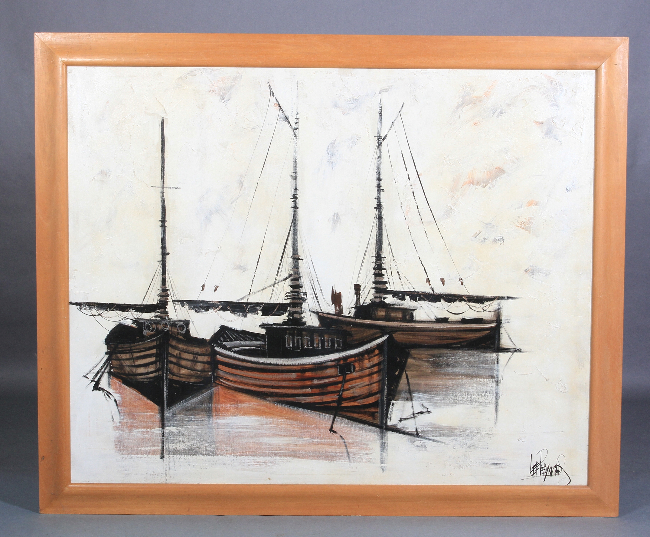 Lee Reynolds (20th century, American) Fishing boats with anchor, oil on canvas, signed to lower