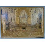 A marquetry panel depicting the interior of York Minster, signed and dated 1956 verso J Ross with an