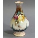 A Royal Worcester Hadleys baluster vase the body painted with pink and yellow roses by A.Hood, lapit