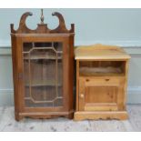 A pine bedside cabinet on plinth base together with mahogany finished and glazed hanging corner