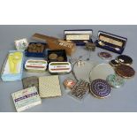 A quantity of old coins, medallions, tins, childs hairbrush set, dominoes, mirrors, cigarette