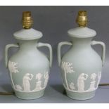 A pair of Dudson green Jasperware table lamps modelled as the Portland vase, 23cm high (2)