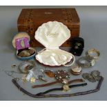 A small walnut inlaid box containing, three watches, two bracelets, a necklace, small trinket box,