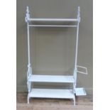 A modern white metal hall stand/clothes rail, with hanging rail and slated shelves to base