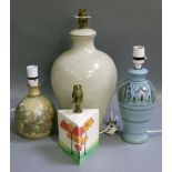 Four studio pottery table lamps including Clarice Cliff style triangular pottery table lamp, 36cm