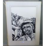 Black and white study of head and shoulders of a countryman and cactus, pen and ink, indistincly