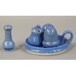 Moorcroft Powder Blue four piece cruet and stand and a pepper egg (5)