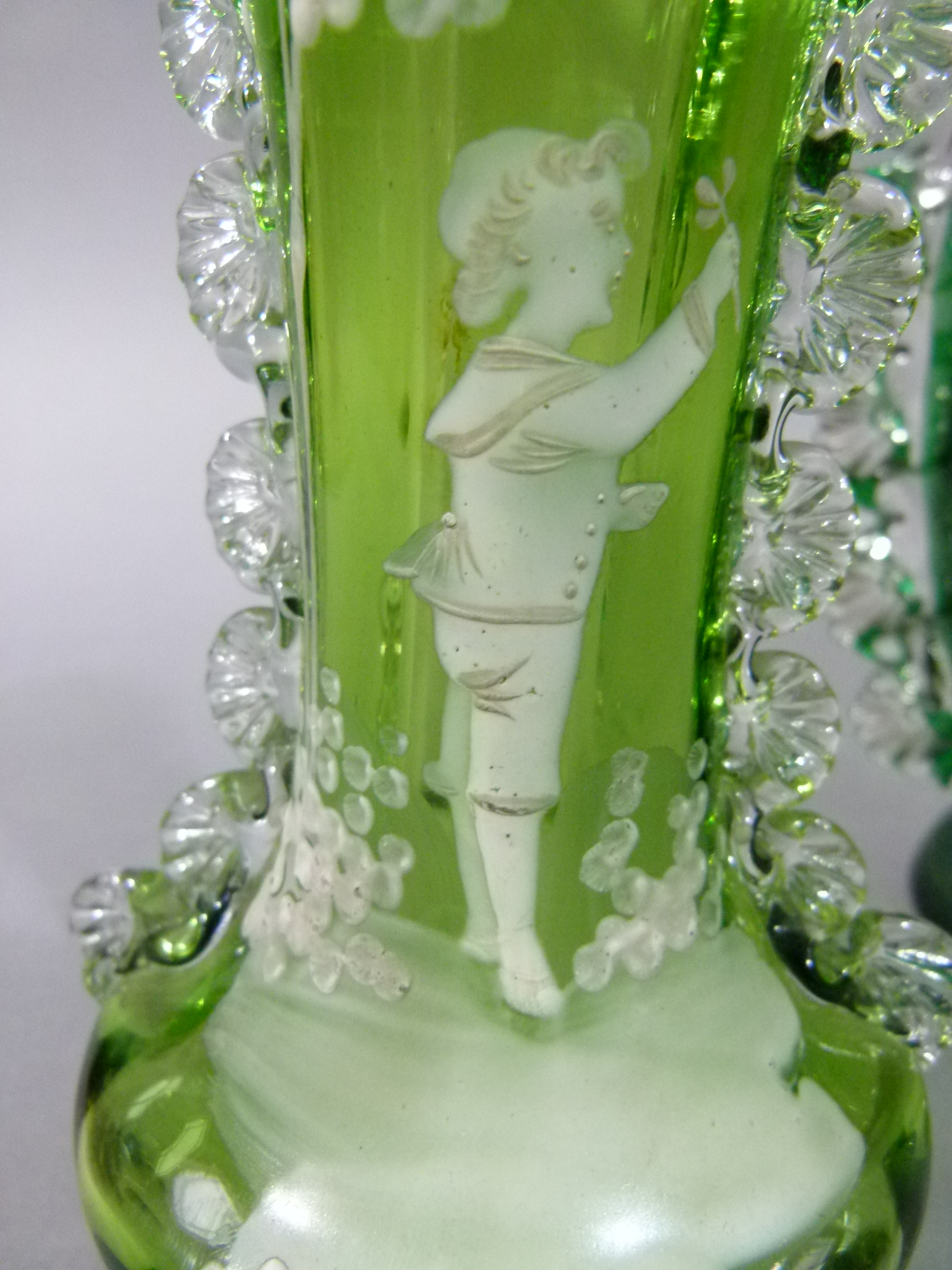 A Victorian Mary Gregory style green glass baluster vase with crimped clear glass handles, 27cm - Image 2 of 7