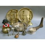 A quantity of metal ware, silver plated and brass, including two pairs of candlesticks, shoe last