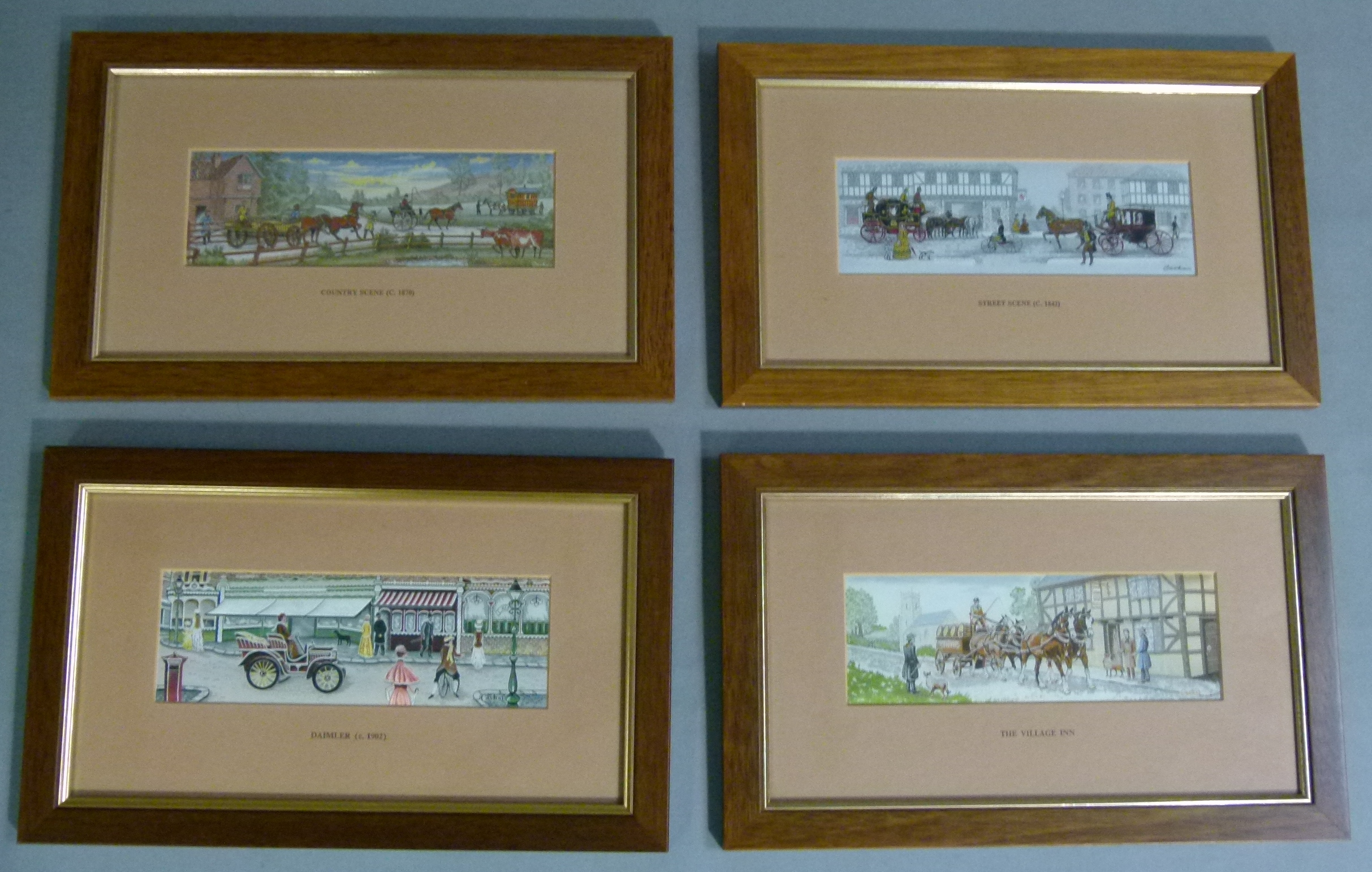 A set of four J & J Cash Ltd woven picture: Street Scene 1842, Country Scene 1870, The Village Inn