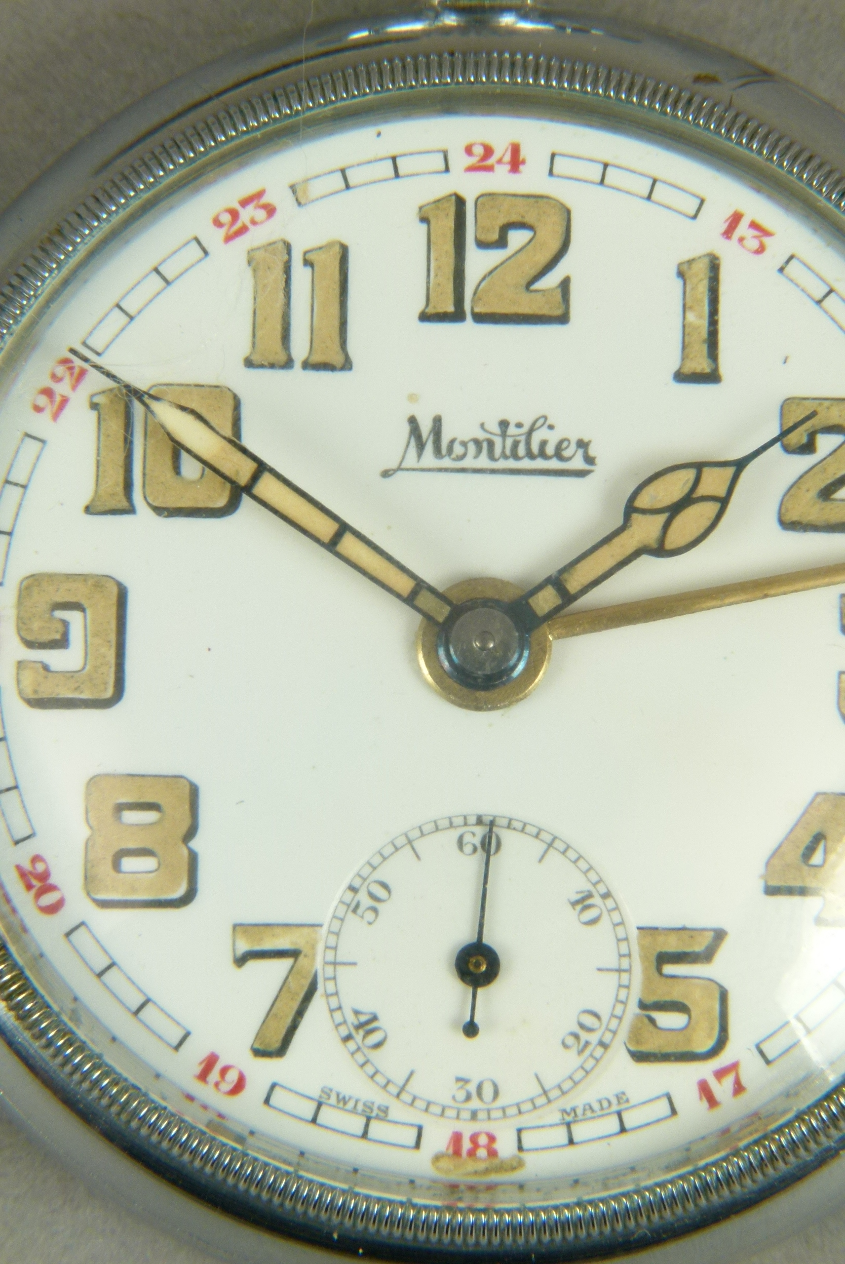 An alarm pocket watch by Montilier c.1935 in open faced chromed case No