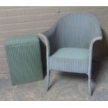 A blue painted wicker chair and a green painted Lloyd Loom wicker linen basket (2)