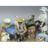 A Goebel ashtray, continental porcelain figures, character teapot, etc (quantity)