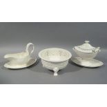 A modern Leeds creamware two handled sauce boat with domed cover and stand of pierced decoration and