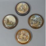 Four Victorian pottery lids: A pair, The Wolf and The Lamb, The Village Wedding and another, all