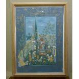 Persian school figures in a landscape within a floral trail border, image 52cm x 38cm, framed