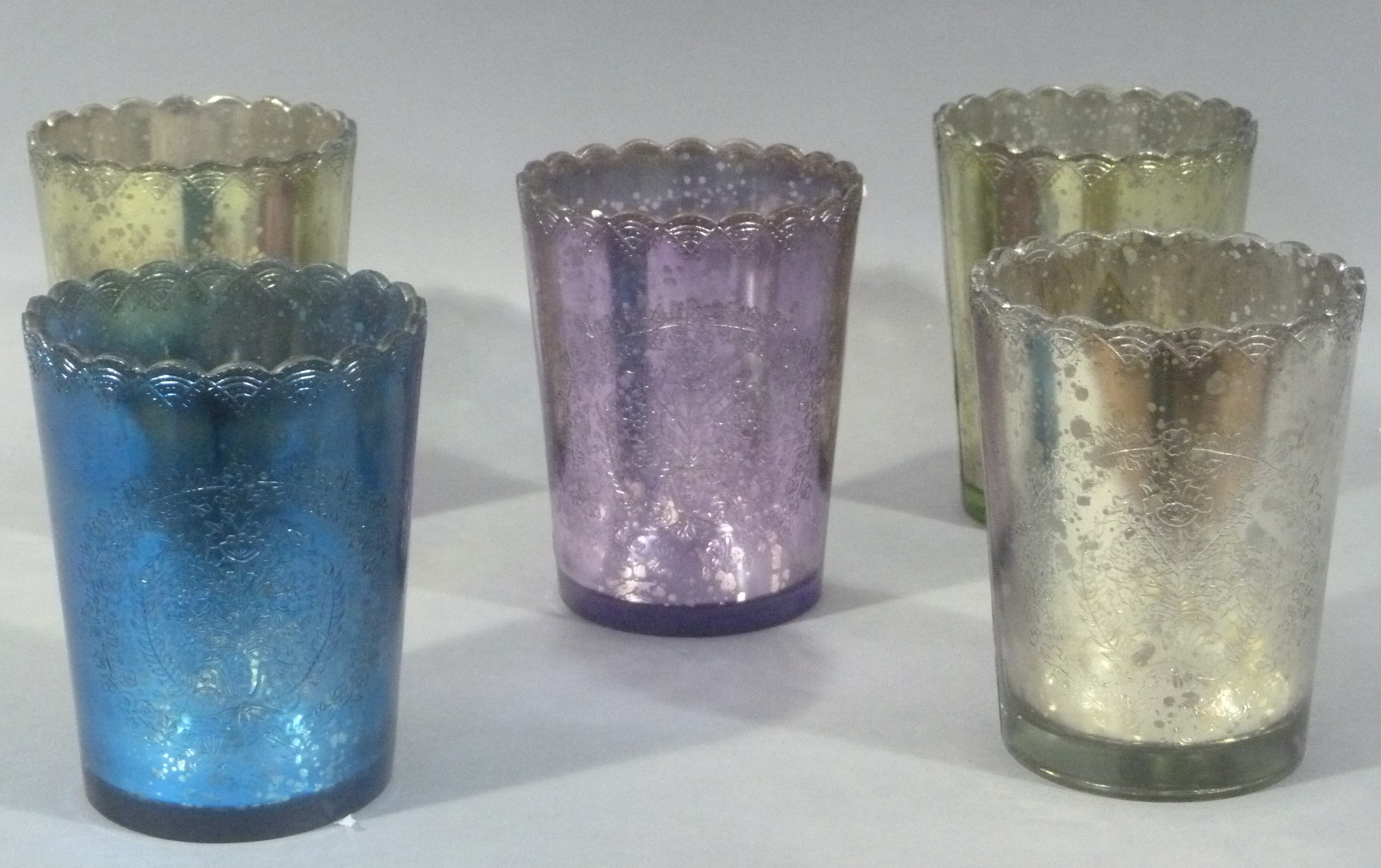 Five coloured glass planters, amethyst, silver, blue and green, each 18cm high approximately