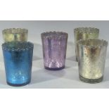 Five coloured glass planters, amethyst, silver, blue and green, each 18cm high approximately