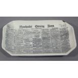 A French pottery miniature dish transfer printed with Manchester Evening News dated Monday