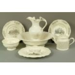 A Leeds Creamware jug and bowl, the baluster jug with shaped rim and interlaced reeded handle,