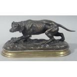 A reproduction bronze model after Pierre-Jules Mene of a pointer, brass moulded oval base, 22cm wide