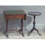 A reproduction mahogany small sofa table in Regency style with inset green writing surface, 48cm