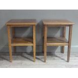 Two oak veneered two tier square occasional tables, 53cm wide