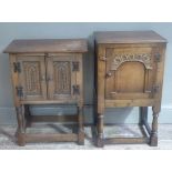 Two oak bedside cupboards, one with pair of carved doors, the other single arched carved door,