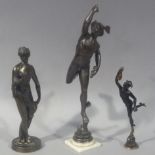 A reproduction bronze figure of Mercury after Giambologna, white marble base, 30cm high