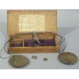 A pair of George III hand held scales with steel beam and brass panels, contained with an oak hinged