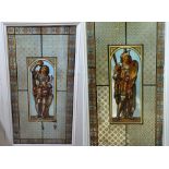 A pair of Victorian polychrome printed glass window panels each depicting a medieval musician in