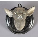 A chihuahua head, silvered moulded resin mounted on an ebonised circular plaque 15.5cm diameter