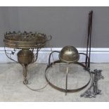 A 19th century brass hanging Gothic style oil lamp converted for electricity and another of circular