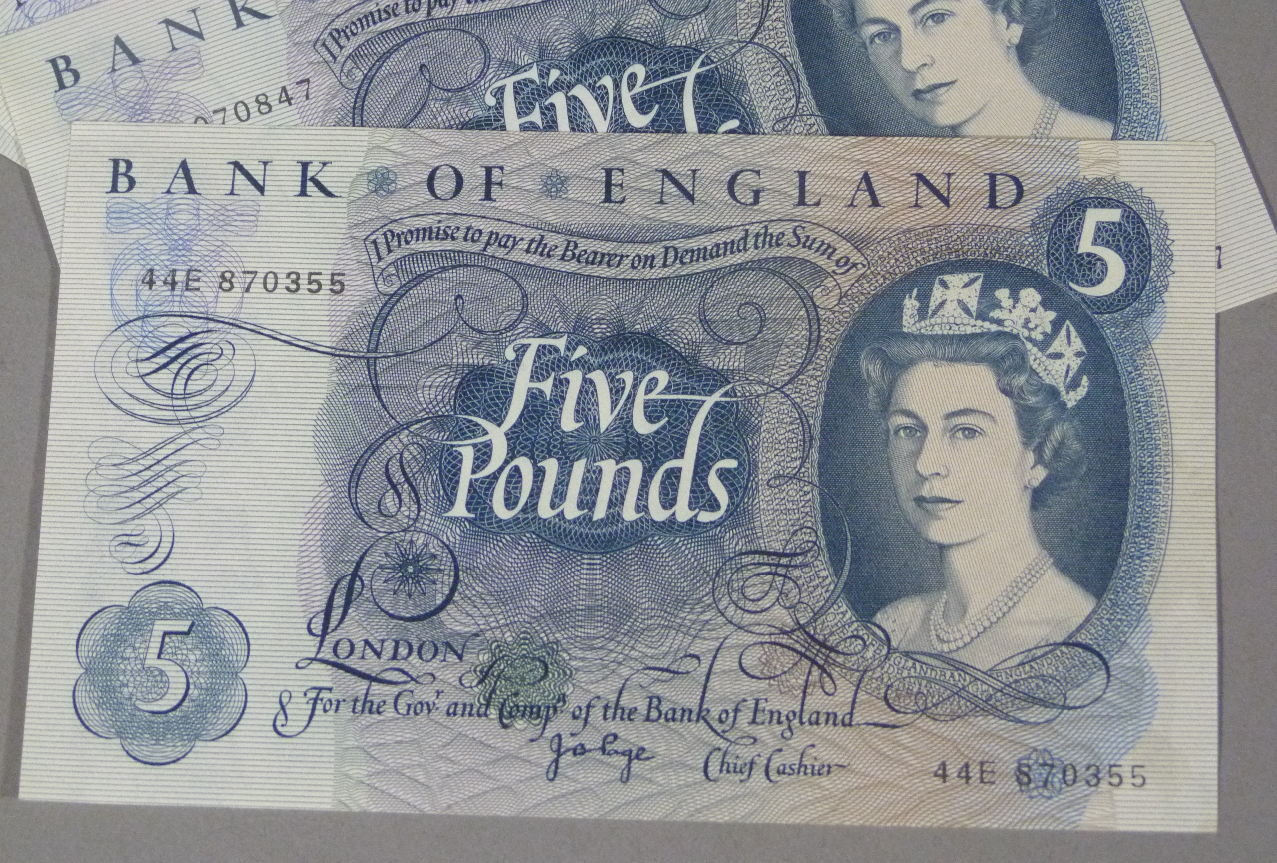 Bank of England J B Page 4 x blue five pound notes, EF - Image 2 of 2