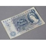 Bank of England J B Page blue five pounds replacement note, prefix 14m, rare, G Fine