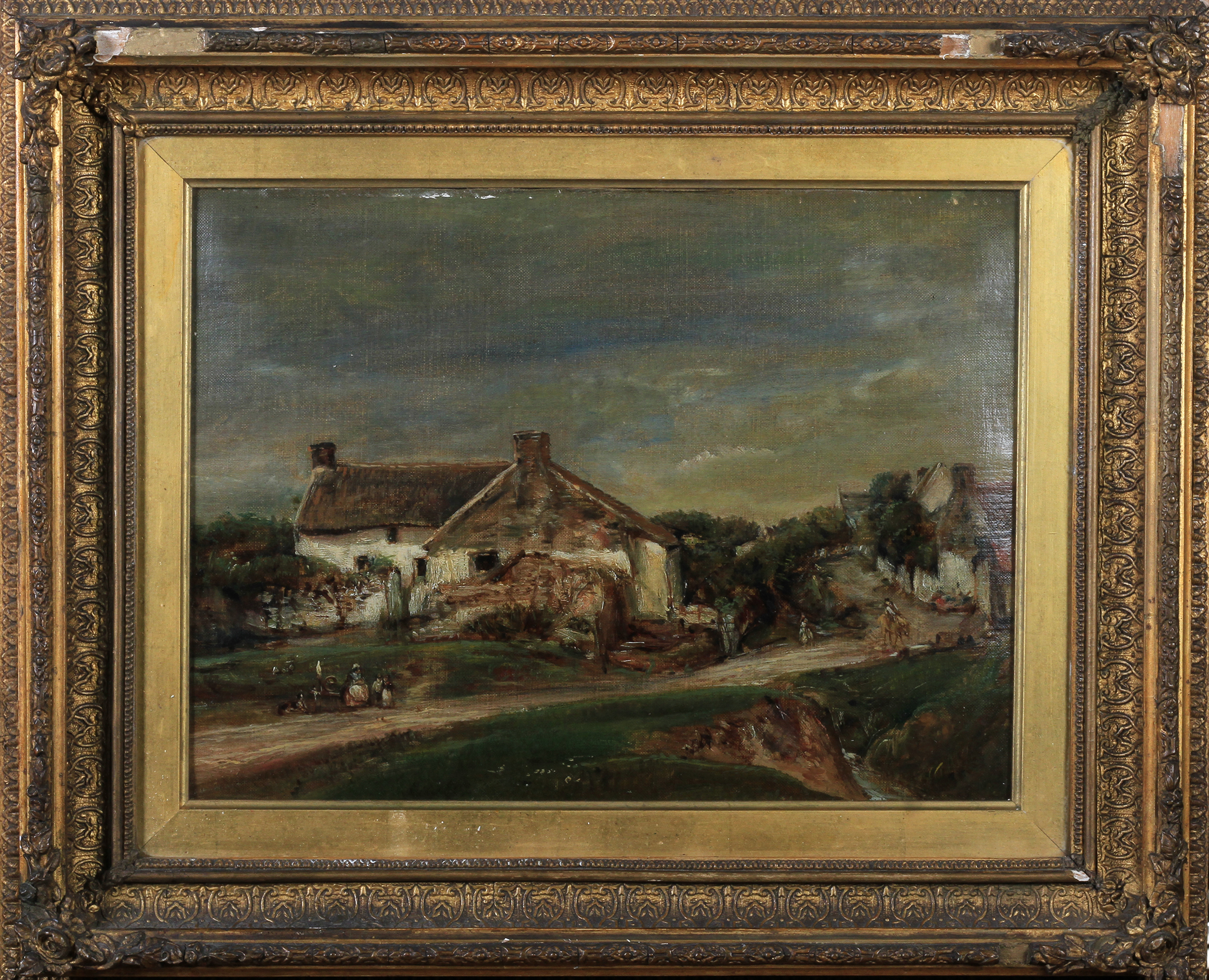 English School, 19th century, Hamlet with countrywoman and her spinning wheel beside the road, oil - Image 2 of 3