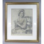 Le Devideuse, half length pencil portrait of a young woman seated with basket of wool and kitten,