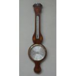 A 19th century mahogany banjo barometer thermometer with silvered dial, inlaid in satinwood with