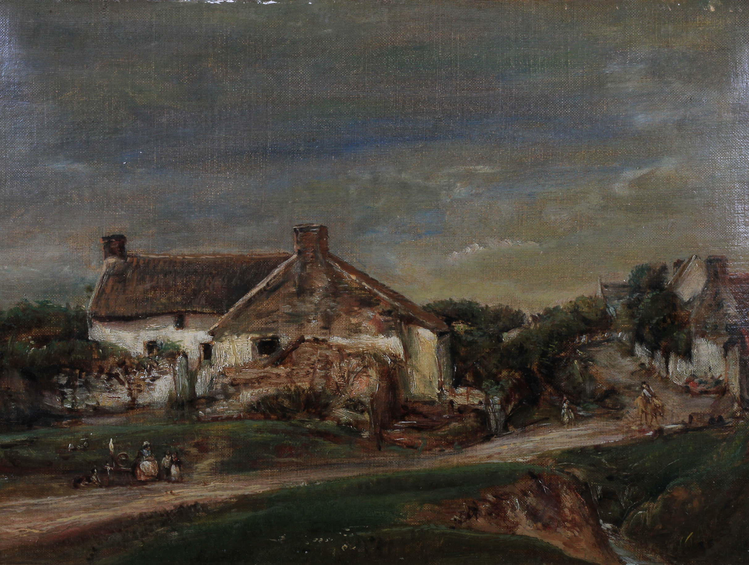 English School, 19th century, Hamlet with countrywoman and her spinning wheel beside the road, oil