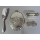 A silver plated hand mirror (at fault), an etched glass and silver plate lidded toilet jar and an