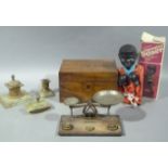 A Victorian walnut workbox, a three piece desk set including inkstand, pen wipe and blotter, set