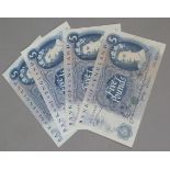 Bank of England J B Page 4 x blue five pound notes, EF