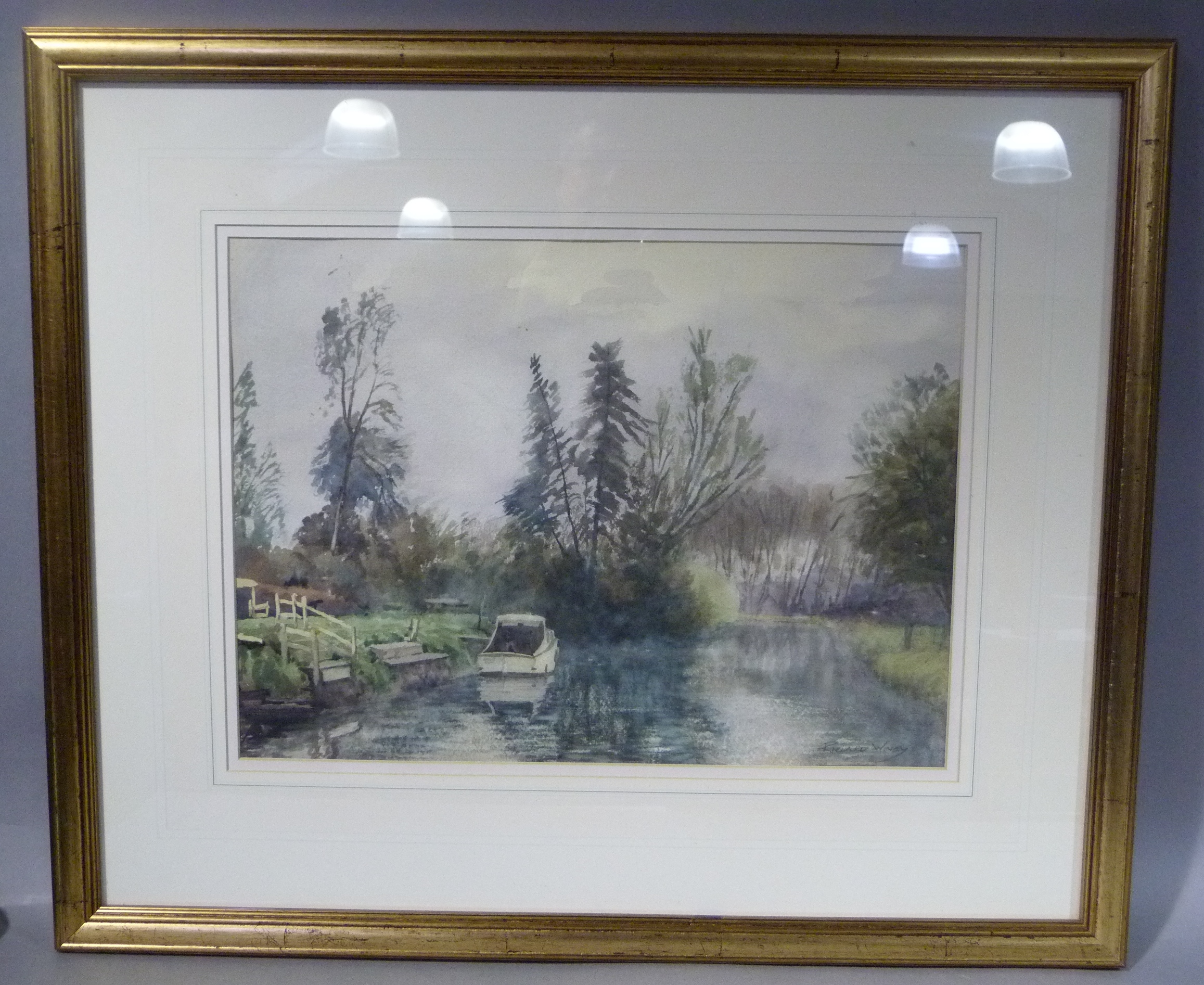 Richard Winey river landscape with moored motor boat, watercolour, signed to lower right, 34.5cm x