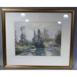 Richard Winey river landscape with moored motor boat, watercolour, signed to lower right, 34.5cm x