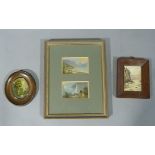 A pair of small alpine scenes framed as one, together with a miniature oil of figure by a river,