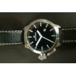 Danish design date wristwatch in signed stainless steel case, quartz movement, black dial with white