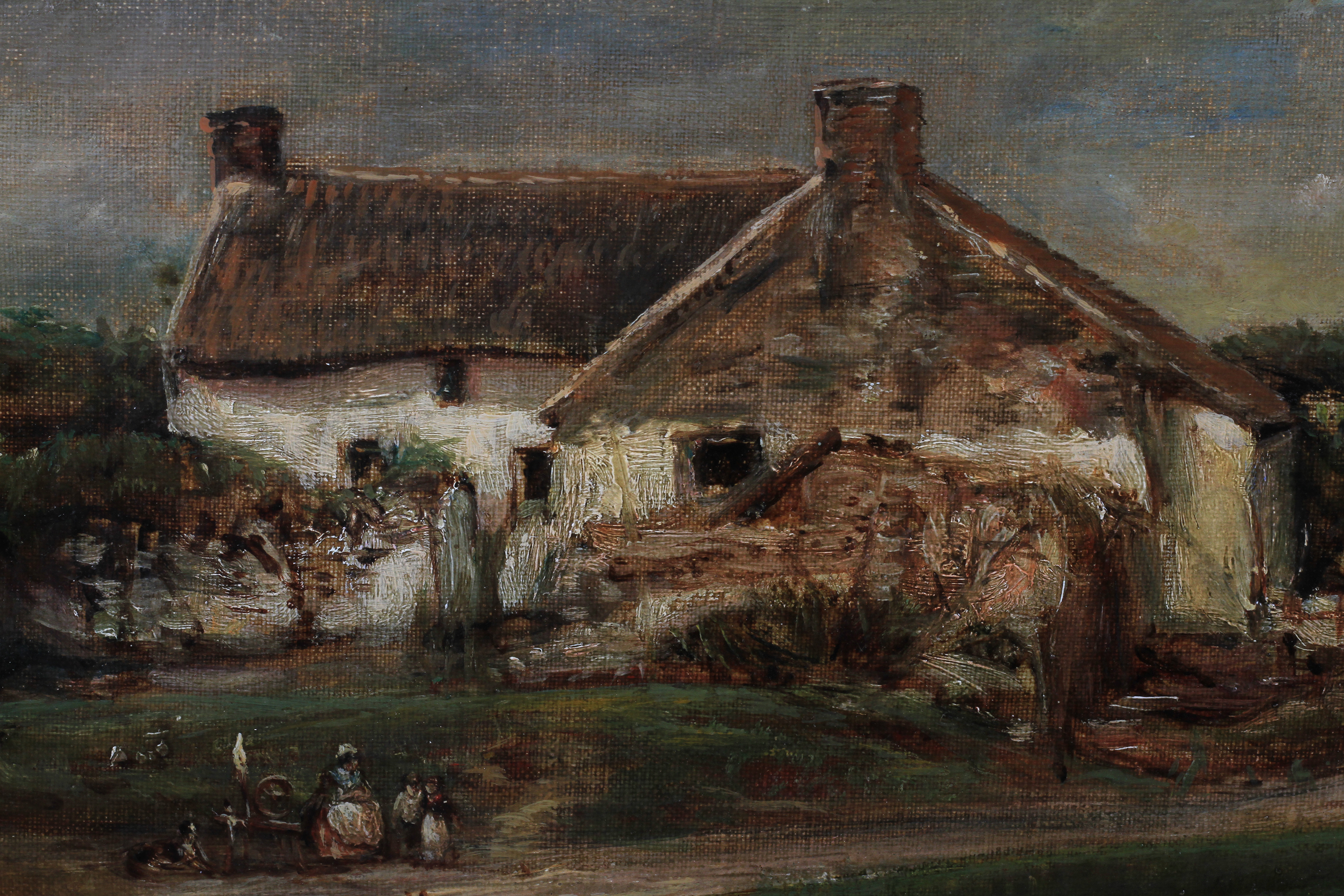 English School, 19th century, Hamlet with countrywoman and her spinning wheel beside the road, oil - Image 3 of 3