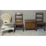 A pair of mahogany dining chairs with full seats on square legs, a sewing box, the lid inlaid in